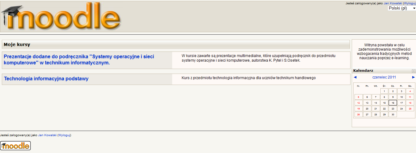 3. Uprawnienia użytkowników platformy Moodle. W poprzednim punkcie opracowania dowiedział się Czytelnik w jaki sposób może stworzyć konto użytkownika. Jakie ma on uprawnienia w systemie Moodle?