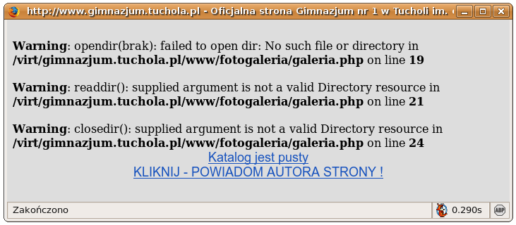 Rysunek: Skrypt wyświetlający błąd. Przeglądarka Firefox, system Ubuntu Linux. Kod źródłowy skryptu: 1. <!DOCTYPE HTML PUBLIC "-//W3C//DTD HTML 4.01 Transitional//EN" "http://www.w3.