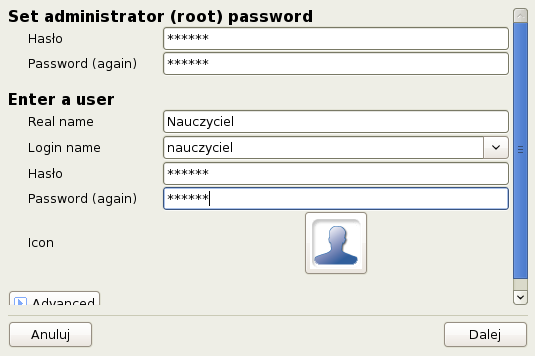 Pierwsze uruchomienie Po instalacji podczas pierwszego uruchomienia pojawi się okno ustawienia hasła roota oraz dodania użytkownika. Założone konto będzie podstawą codziennej pracy.
