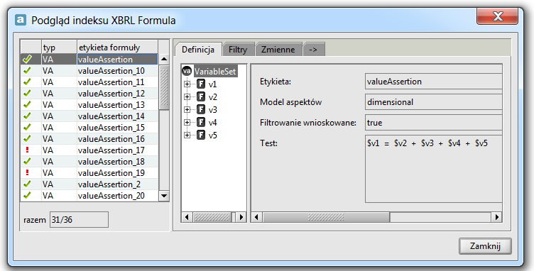 Wybierając tą funkcję, mżna sprawdzić: definicje, filtry, zmienne, dla pszczególnych XBRL Frmula. Rysunek 210.