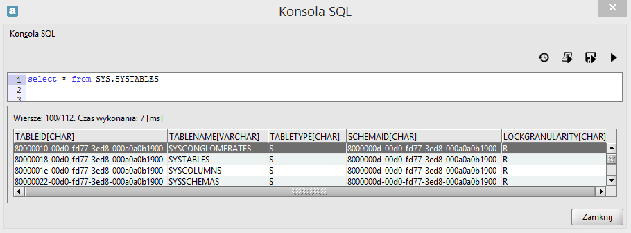 Wszystkie funkcje mżliwe tu d wykrzystania: pgrupwane zstały w menu Knsla SQL (zb. rysunek 27), dstępne są także w frmie ikn funkcyjnych znajdujących się p prawej strnie kna (zb. rysunek 26).