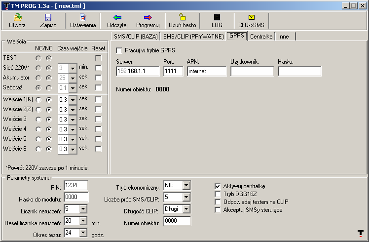 7.5. Zakładka: GPRS Pracuj w trybie GPRS Aktywowanie pracy modułu w trybie GPRS Serwer Adres IP serwera do którego ma się łączyć moduł Port Port serwera APN Nazwa APNu sieci komórkowej do której