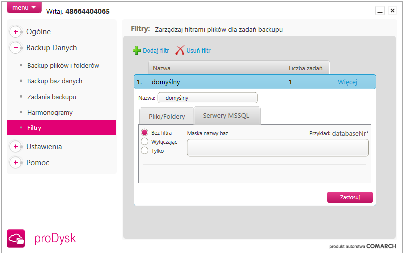 Dodatkową opcją filtru jest maska nazw dla automatycznego dodawania zadań backupu nowych baz danych na serwerze.