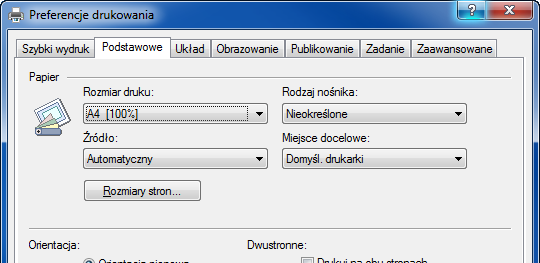 Podstawowa obsługa 6 Wybierz kartę Podstawowe i kliknij przycisk Rozmiar strony, aby wybrać rozmiar papieru.