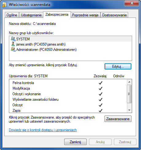 Podstawowa obsługa 6 Wybierz wprowadzonego użytkownika, wybierz uprawnienia Zmiana i Odczyt, a następnie kliknij przycisk OK. W systemie Windows XP przejdź do kroku 8.