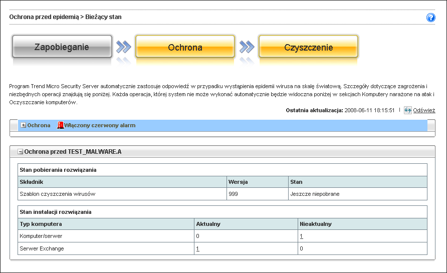 Korzystanie z funkcji Ochrona przed epidemią Ochrona przed zagrożeniami Na etapie ochrony przed zagrożeniami na ekranie Bieżący stan wyświetlane są informacje o stanie pobierania rozwiązania w