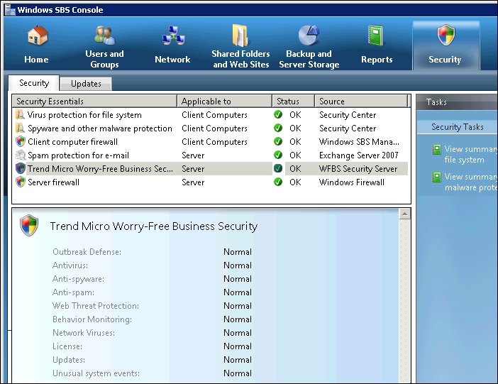 Używanie narzędzi administracyjnych i klienckich Dodatki Program WFBS oferuje dodatki do programów Windows Small Business Server (SBS) 2008 oraz Windows Essential Business (EBS) Server 2008.