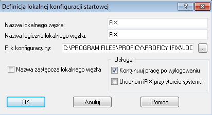 Uwaga: Pola wyboru w obszarze Usługi tego okna dialogowego są niedostępne w czasie działania systemu ifix. Aby je zmienić, należy zamknąć system ifix, podobnie jak w kroku 1. 6.