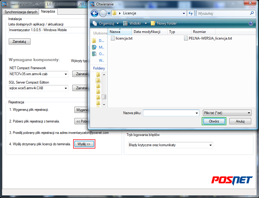 Krok 3 Zapisany w poprzednim kroku plik rejestracja.txt wysyłamy jako załącznik wiadomości na adres inwentaryzator@posnet.com.