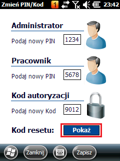 Kod resetu jest zabezpieczeniem na wypadek utraty PIN-ów i kodów autoryzacji. Przy pierwszym logowaniu kod resetu powinno zapisać się w bezpiecznym miejscu.