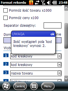 Rys. 59 Rys. 60 Cena sprzedaży, cena zakupu oraz ilość towaru są już przemnożone odpowiednio przez 100 i 1000 więc pozostawiamy odznaczone pola Pomnóż ilość towaru x1000 oraz Pomnóż ceny x100.