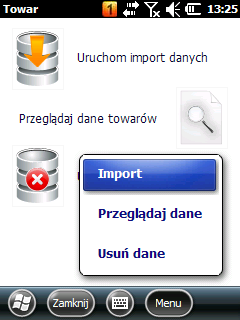 3.5 Importowanie danych do bazy terminala Aby załadować wysłane do terminala dane z podkładką inwentaryzacyjną należy wybrać z okna głównego Menu->Baza towarów lub kliknąć w odpowiedni przycisk