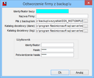 Rysunek Odtwarzanie bazy firmy Znaczenie poszczególnych pól: Identyfikator bazy nazwa bazy na serwerze MS SQL. Nazwa firmy nazwa, pod którą widoczna jest baza w systemie SIMPLE.ERP.