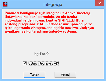 Wybranie opcji w menu wyświetli okienko: Rysunek Ustawienie integracji z AD Tryb integracji można zmienić w dowolnym momencie.