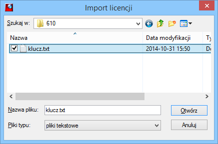 2.11.2. Import licencji z pliku Istnieje możliwość ominięcia ręcznego wprowadzania kluczy poprzez szybki import licencji z pliku tekstowego otrzymanego od firmy SIMPLE S.A.