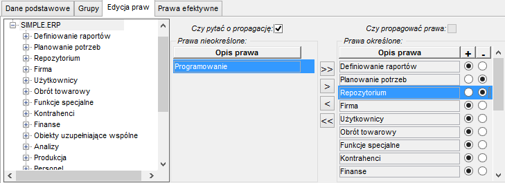 Nadane Odebrane Nieokreślone. Dodanie lub odebranie danego prawa konkretnemu użytkownikowi bezwarunkowo nadpisuje ustawienia tego prawa w grupach, do których on należy (ignoruje je).