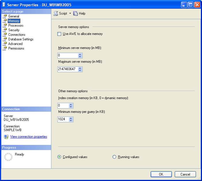 Pierwszą interesującą nas zakładką po zakładce Ogólne jest zakładka dotycząca pamięci i pozwala na włączenie API Address Window Extensions (AWE, opcja dotyczy systemów 32 bitowych).