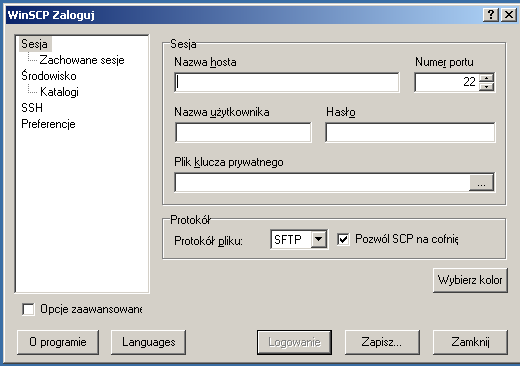 Aby przerzucić ściągnięte pliki na nasz serwer najlepiej zainstalować na komputerze na którym ściągaliśmy wszystkie potrzebne w/w pliki program klient sftp WinSCP dostępny na stronie linux.