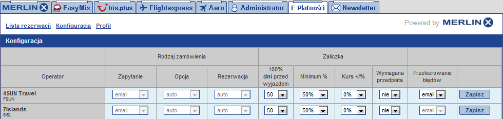 Strona 10 Konfiguracja W tym oknie Agent może skonfigurować system ROOP tak aby obsługiwał rezerwacje tylko tych tour operatorów, których wybrał agent i w taki sposób jaki jest najwygodniejszy dla