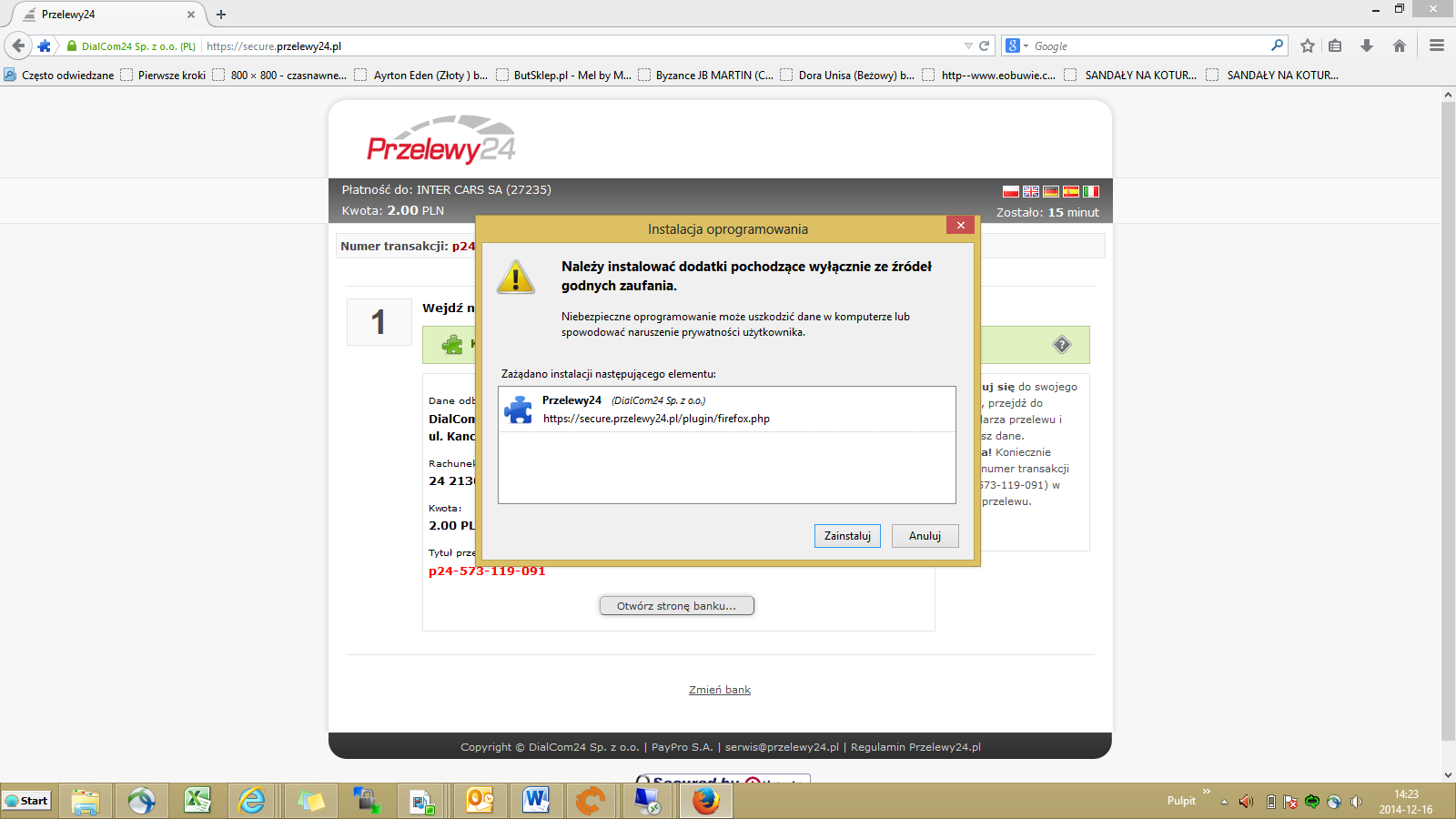 Aby zainstalować wtyczkę należy z okna szczegółów przelewu uruchomić