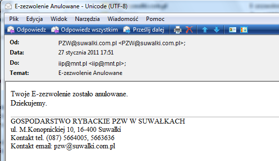 Wiadomość o anulowaniu e-zezwolenia Zamówienie jest anulowane w następujących przypadkach: 1. Odrzucenie transakcji przez system platnosci.pl 2.