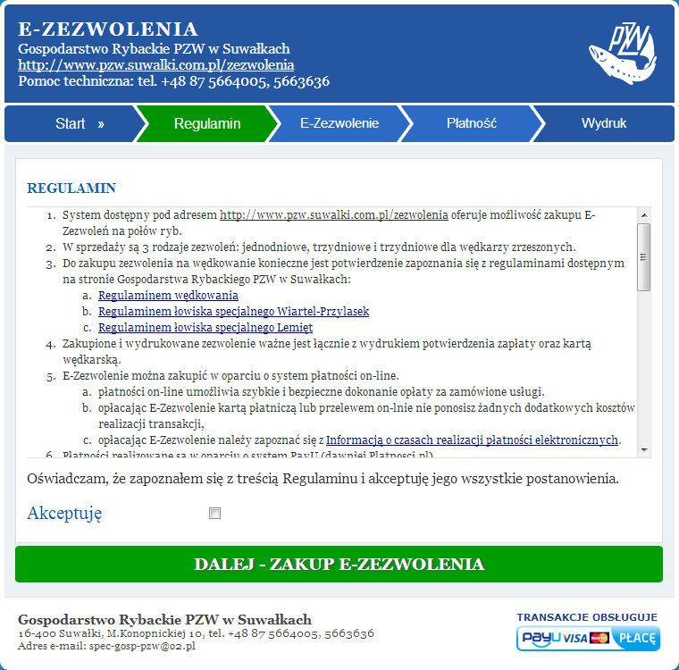 Potwierdzenie zapoznania się z regulaminem Potwierdzenie znajomości Regulaminu odbywa się poprzez kliknięcie w napis Akceptuj lub pole typu checkbox.