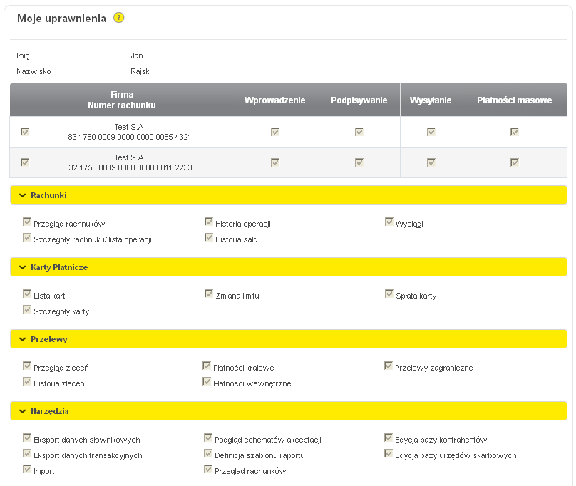 Uprawnienia powiązane z rachunkami: Wprowadzanie oznacza, że użytkownik posiada uprawnienia do wypełniania formatek zleceń, ich modyfikacji oraz usuwania, Podpisywanie oznacza, że użytkownik posiada
