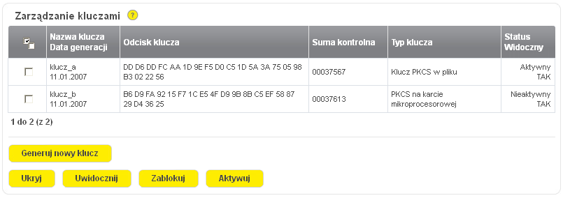 10.1.5 Klucze Klucz jest elementem niezbędnym do podpisania danej operacji. Każdy z użytkowników ma możliwość wygenerowania swojego klucza.