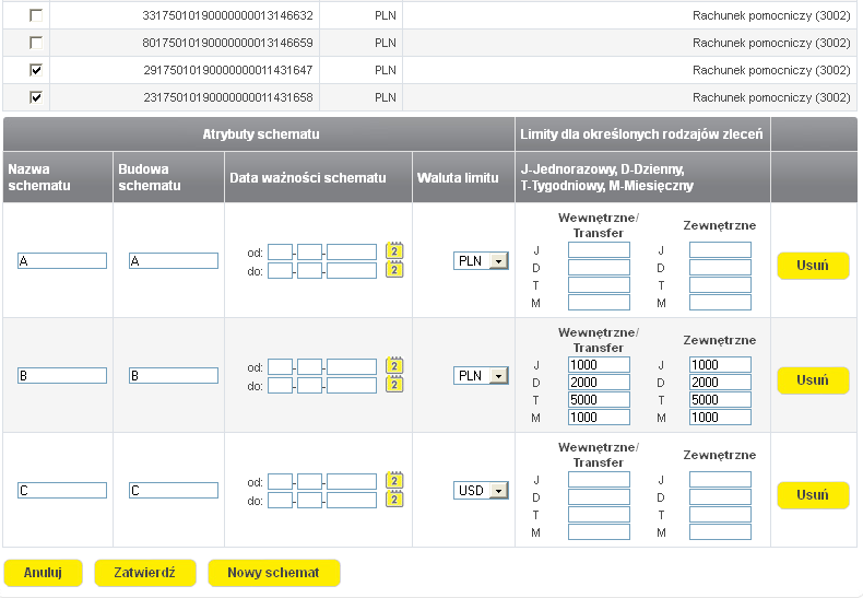 Edytuj blok pozwala na modyfikacje istniejącego schematu - pozawala na stworzenie zupełnie nowego schematu dla rachunków wskazanych przez użytkownika.