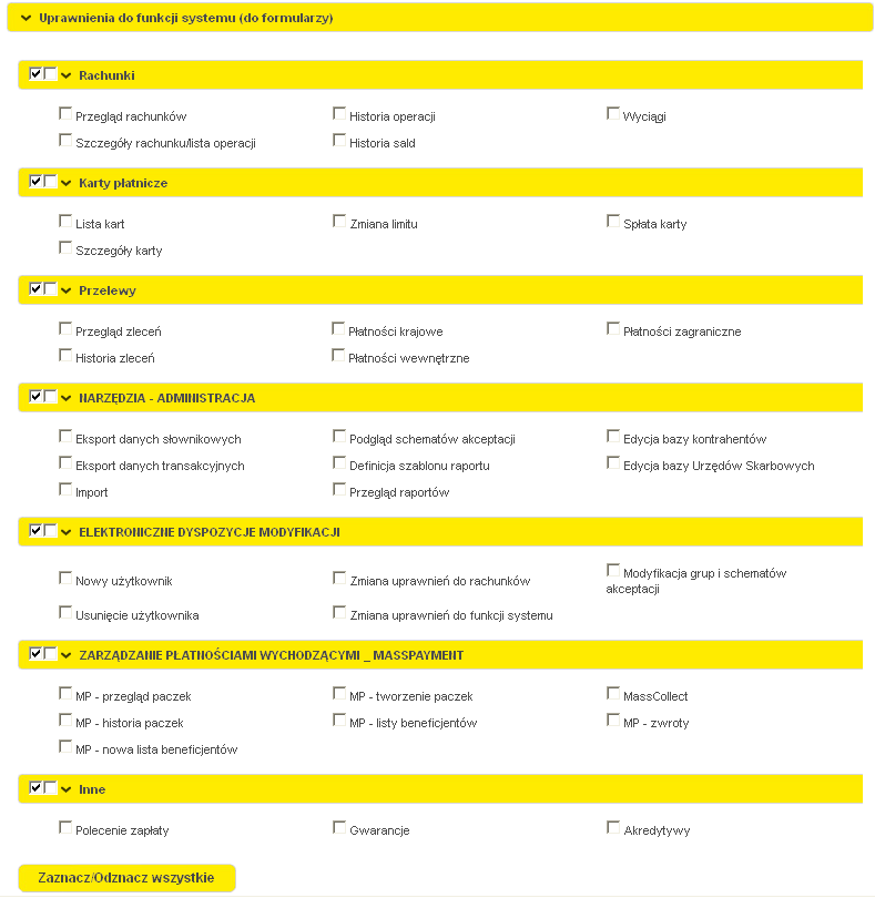 W części trzeciej należy ustalić zakres uprawnień do rachunków: W części czwartej nadajemy uprawnienia do funkcji systemowych.