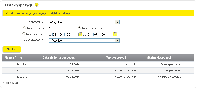 - powoduje zapisanie dyspozycji i przeniesienie jej do Listy Dyspozycji Po wysłaniu takiej dyspozycji jest ona automatycznie akceptowana przez Bank i użytkownik automatycznie zostanie pozbawiony