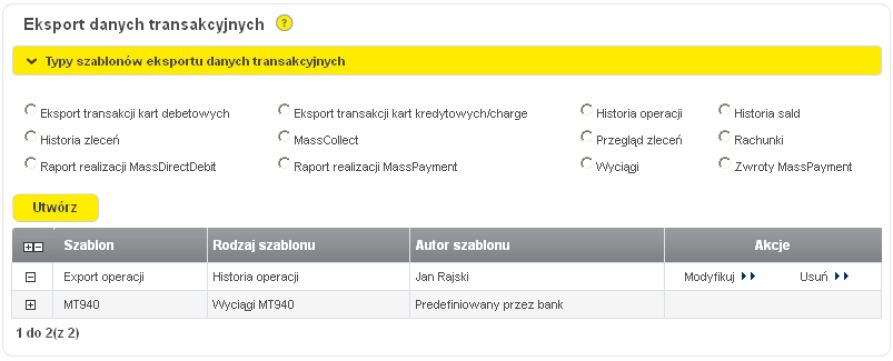 Szablony eksportu Z formularza Eksport można przeglądać dotychczas utworzone szablony jak i stworzyć nowy szablon eksportu.