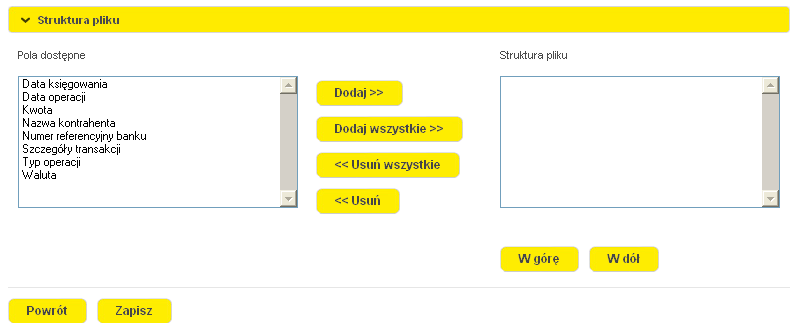 Należy w nim zdefiniować następujące pola: Nazwa szablonu należy podać nazwę tworzonego szablonu, Separator danych należy zdefiniować w jaki sposób poszczególne dane mają być od siebie oddzielone,