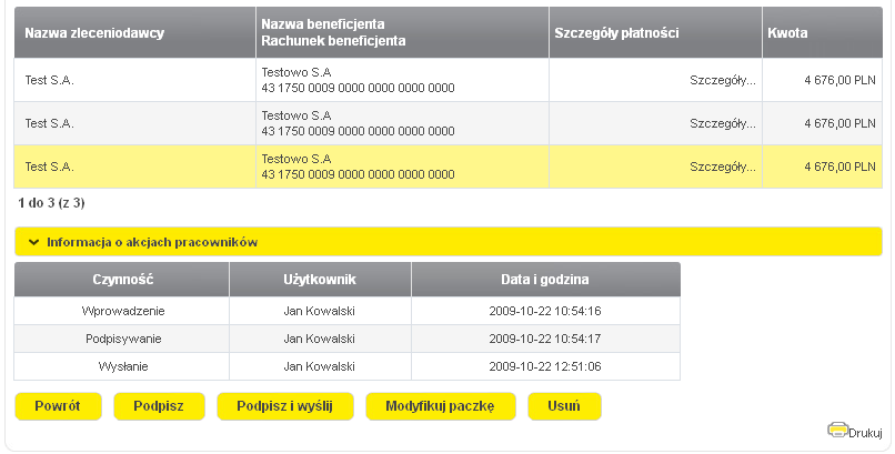 W sekcji Szczegóły paczki znajdują się informacje dotyczące: Nazwy pliku - nazwa pliku MassPayment taka jak nazwa importowanego pliku Numeru rachunku - rachunek, z którego wysyłana jest paczka