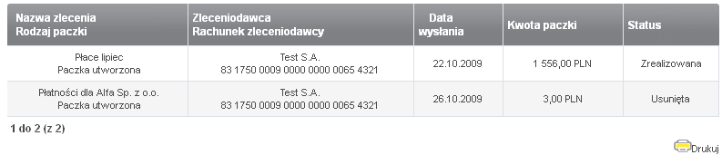 Rachunek zleceniodawcy numer rachunku, z którego została wysłana paczka MassPayment Status lista rozwijalna zawierająca statusy paczek (wszystkie, zrealizowana, usunięta, odrzucona i częściowo