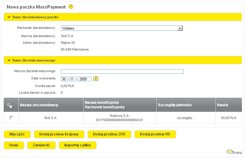 W polu Dane zleceniodawcy paczki wskazujemy rachunek z którego przelewy zostaną wysłane. W kolejnym polu Dane zlecenia masowego należy wpisać nazwę dla tworzonej paczki oraz datę realizacji.