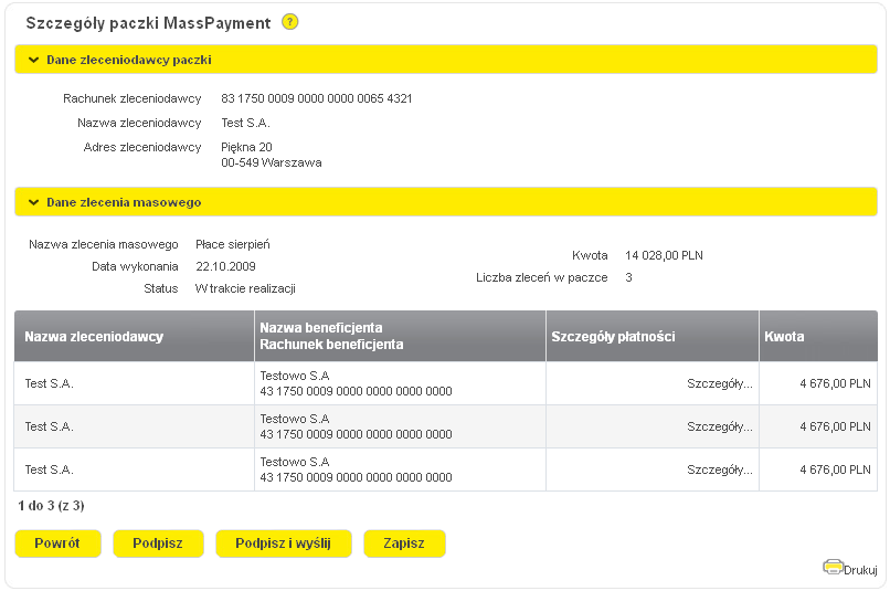 - Po stworzeniu paczki z przelewami i kliknięci tego przycisku pojawi się okno Szczegóły paczki MassPayment Z tego poziomu dostępne są następujące akcje dla Paczki MassPayment: - Wybranie tego