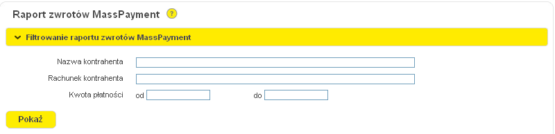 Do wyszukiwania plików służy filtr umożliwiający wybór pliku z wykorzystaniem parametrów: Rachunek uznawany numer rachunku uznawanego kwotą zwrotu z paczki MassPayment Pokaż ostatnie - możliwość
