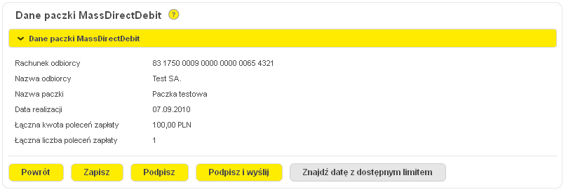 - Wybranie tego przycisku spowoduje zapisanie prawidłowych zleceń, będą one widoczne w oknie nowa paczka Po wprowadzeniu i/lub imporcie wszystkich poleceń zapłaty należy kliknąć przycisk Zatwierdź.