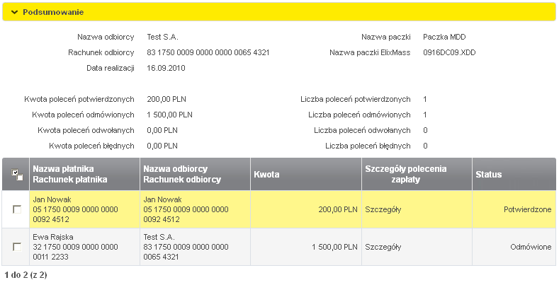 Po kliknięciu w interesujący nas raport otworzy się okno Szczegóły raportu realizacji MassDirectDebit Użytkownik od razu może ustalić kryteria szukanej płatności w Filtrowaniu raportu realizacji