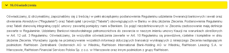 Prowizja w tej sekcji należy określić wysokość prowizji z tytułu otwarcia akredytywy wraz ze stawką minimalną. Prowizja powinna być wskazana w stosunku rocznym.