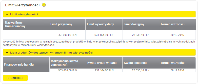 15.2 Limit wierzytelności Na ekranie zaprezentowane są produkty udostępnione w ramach aktualnie obowiązującej umowy o limit wierzytelności. Pierwsza sekcja prezentuje podstawowe informacje o limicie.