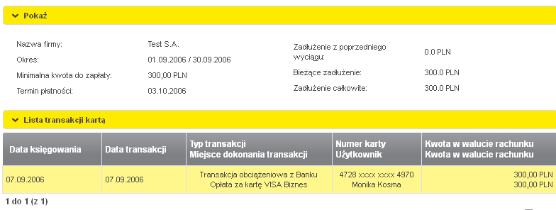 Na liście zaprezentowane zostaną informacje na temat: o Daty księgowania transakcji o Daty rozliczenia transakcji o Typu i miejsca dokonania transakcji o Nr karty i kto jest jej użytkownikiem o Kwoty