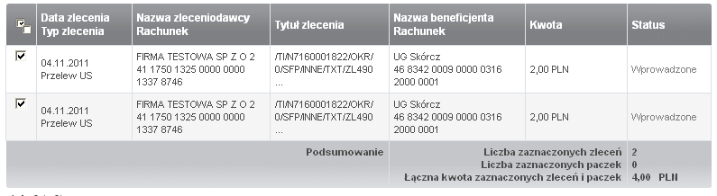 Użytkownik powraca do widoku listy na formatce Przegląd zleceń, gdzie opis paczki zawiera liczbę dodanych transakcji a jej kwota odpowiada sumie dodanych transakcji.