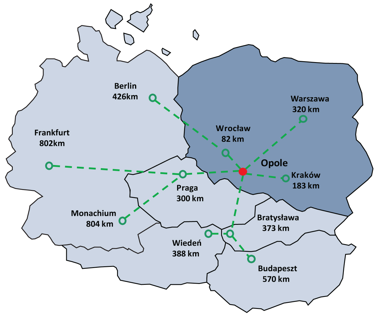 1.5 Infrastruktura Kolej i drogi Opole posiada bardzo dobrze rozwiniętą sieć połączeń kolejowych, które łączą je z głównymi miastami Polski (mapa poniżej).