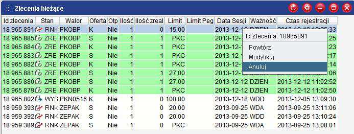 W oknie Zlecenia bieżące, klikając prawym przyciskiem myszy na wybrane zlecenie pojawia się menu, które