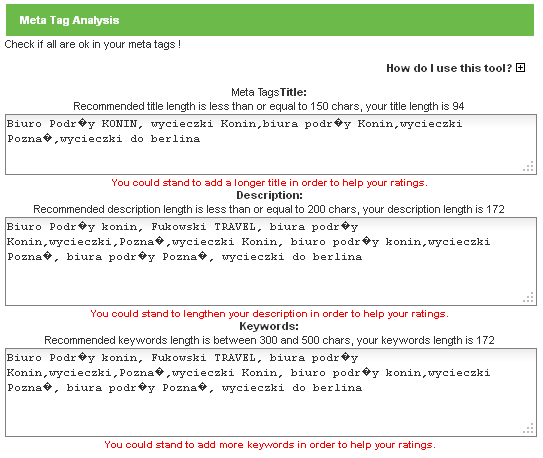 należy wpisać adres strony internetowej. W odpowiedzi otrzymamy wynik prezentujący tytuł, opis i słowa kluczowe zapisane w kodzie wskazanej strony internetowej. Rysunek 20.