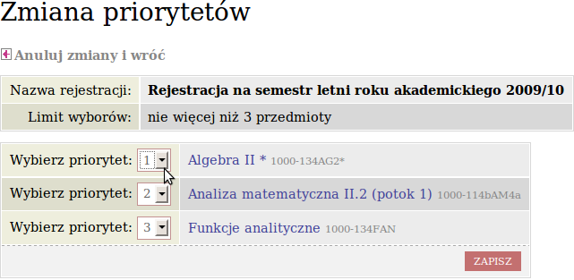 5.1.3 Rejestracja limitowana z nadawaniem priorytetów Ten szczególny rodzaj rejestracji umożliwia każdemu uprawnionemu studentowi wybór pewnej (ograniczonej z góry) liczby przedmiotów oraz nadanie