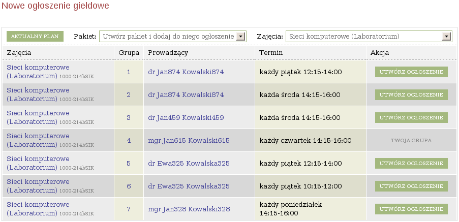 Rysunek 21: Dodawanie nowego ogłoszenia Aby dodać nowe ogłoszenie powinieneś w tabeli Nowe ogłoszenie giełdowe (rysunek 21) wybrać z rozwijanego menu pakiet, do którego chcesz dodać ogłoszenie.