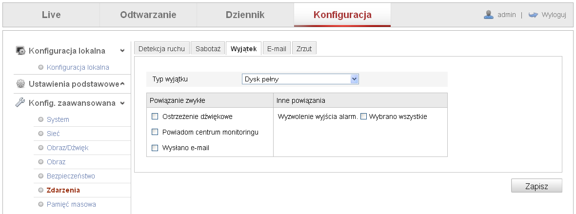 Powiązanie Ostrzeżenie dźwiękowe sygnał dźwiękowy w przypadku wystąpienia detekcji zasłonięcia.